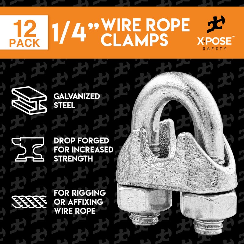 xpose safety Wire Rope Clamp for Stainless Steel Wire Rope - 1/4" Galvanized U Bolt Style Cable Clips - for Guy Line, Metal Fence, Antenna, Clothesline, Rigging Hardware, Batting Cage - by Xpose Safety Pack of 12 - Image 3